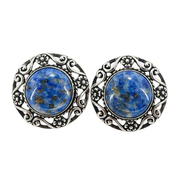 Relios Signed Sterling Silver Scroll Earrings Sodalite Southwestern Cottagecore - Picture 1 of 5